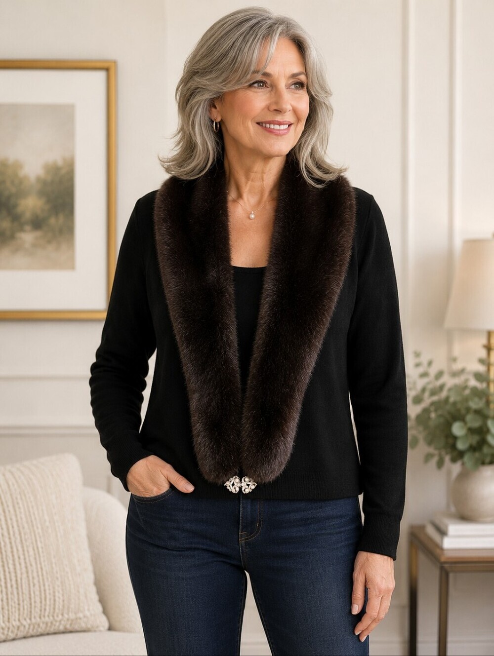 Vintage c. 1958–1963 Fashioned Furbo Black Cardigan Sweater Faux Fur Collar M/L